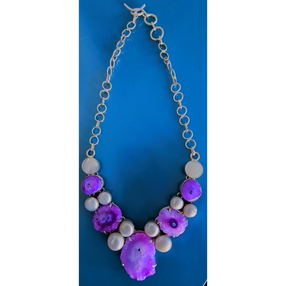 Handmade Geode Slice & Pearl Statement Necklace Sterling Silver Women